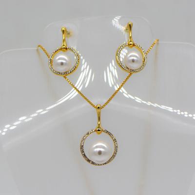 Trendy Simple design pearl Necklace pendant Earrings Rhinestone Jewelry Set 18K Gold Plate