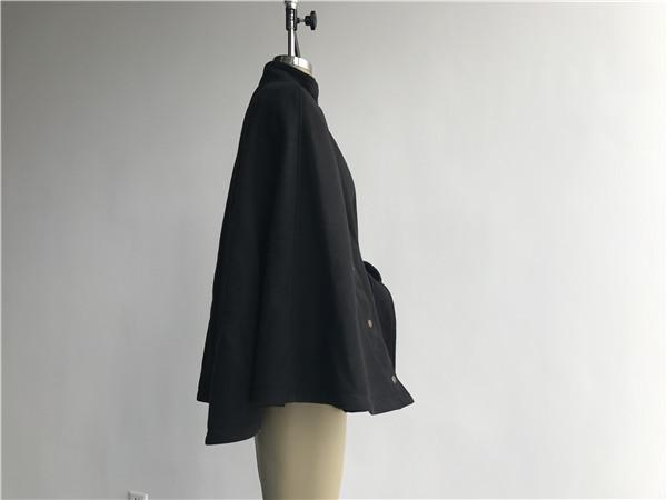 Black Cape Funnel Collar Ladies Wool Coat Melton Material With Belt TW64853