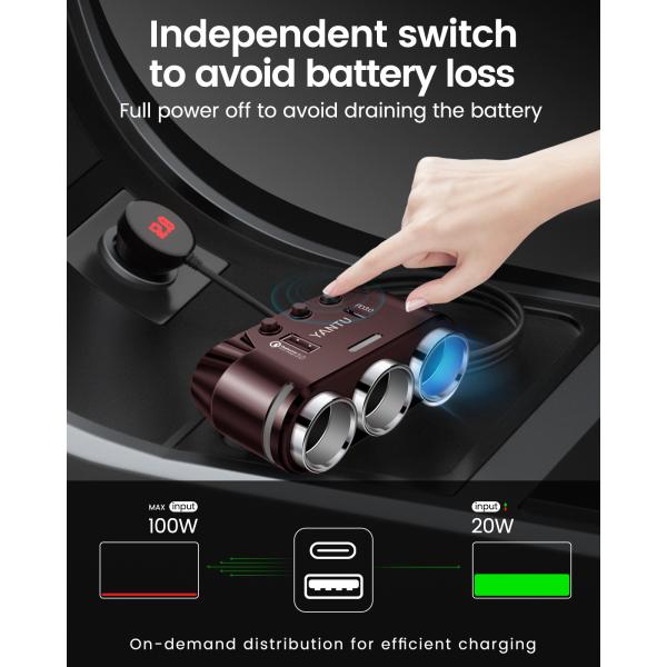 12V Car Mobile Charger with Dual USB QC PD Cigarette Lighter and Voltage Monitoring