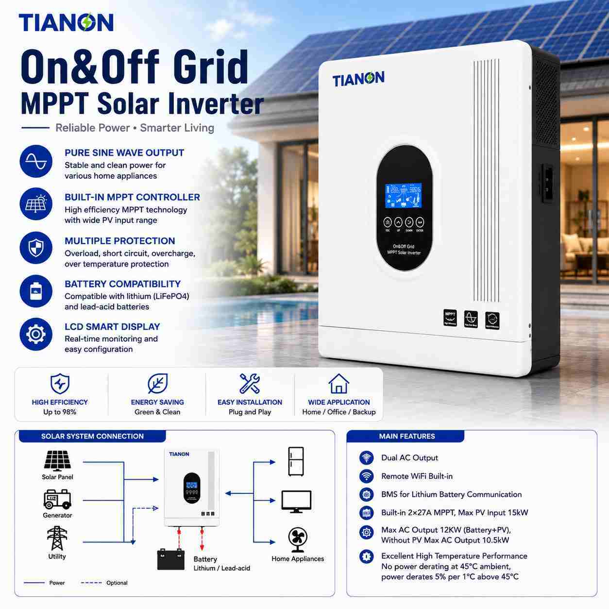 4200VA 6200VA Hybrid Solar Inverter Pure Sine Wave MPPT - Tianon