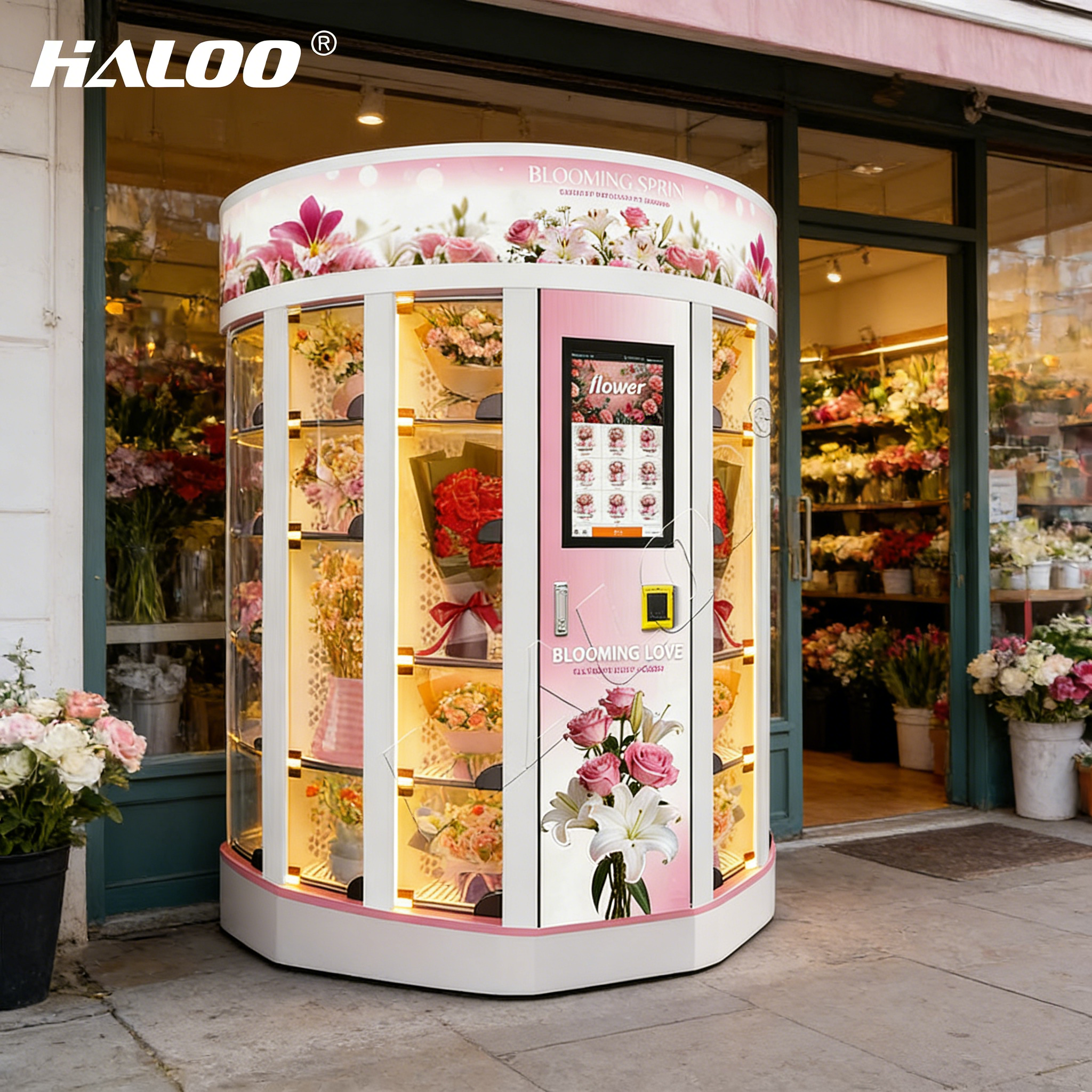 Haloo flower vending machine offers free customization of logo, metal plate material, and supports multiple payments