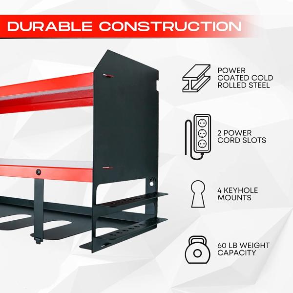Carbon Steel 3 Tiers Power Tool Organizer With 5 Slots Drill Holder Wall Mount Heavy Duty Metal Tool Shelf