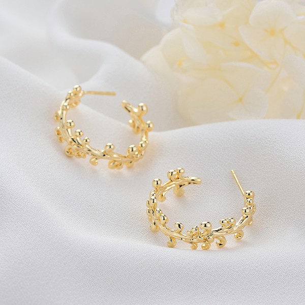 Wholesale 14K Gold Plated C Shaped Half Circle Women's Jewelry Earrings Vine Round Ball Beads Fashion Studs Earring