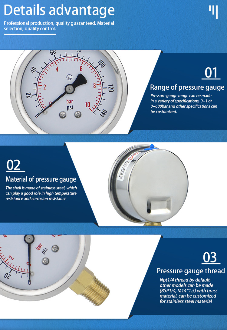 0.25kg Stainless Steel 2.5/63mm Analog Pressure Gauges for Hydraulic Water Gas Oil