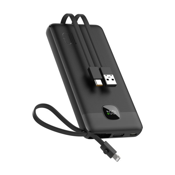10000mAh Fast Charging Power Bank With 3 Built‑in Cables(Type‑C, Lightning, USB), Type‑C Input & Output Port, USB‑A Output Port, LCD Digital Battery Display Portable External Battery Pack