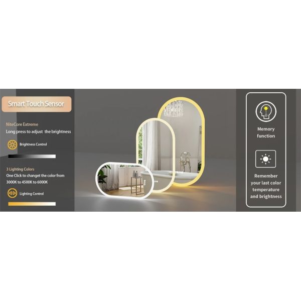 Dimmable 3 Colors Anti-Fog Light Memory IP65 CRI95 Large Wall Mounted Oval Mirror with lamp(WH-MR-102)