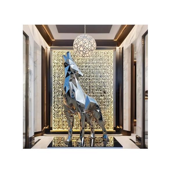 Giant 3-meter Stainless Steel Animal Mirror Geometric Wolf Sculpture