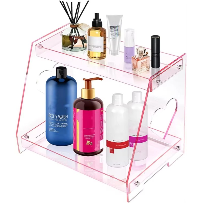 Custom-made 2-Tier Pink Heart Acrylic Tray Vanity Perfume Skincare Organizer Countertop Display Shelf
