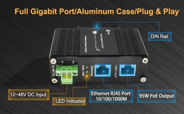 Industrial Gigabit 95W 802.3bt PoE++ Injector (12~48VDC) Supports DIN-Rail and Wall-mount installation
