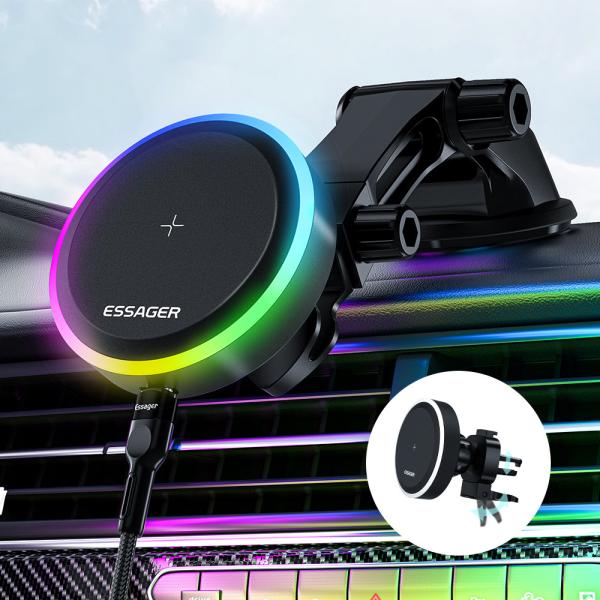 Essager 2022 Ferris Wheel 15W Wireless Charging RGB Ambient Light 360 Rotational Car Charger Holder For Car