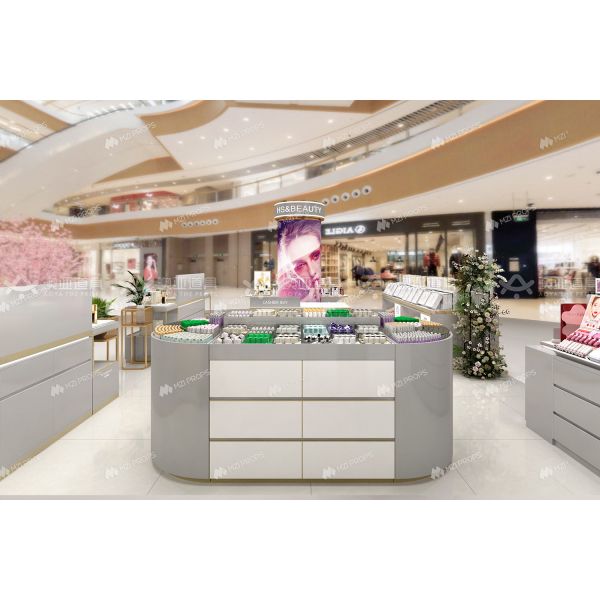 BKC009 Customized Beauty Mall Kiosk Elegant Gray Kiosk Makeup Design Display for Cosmetic Store Decoration