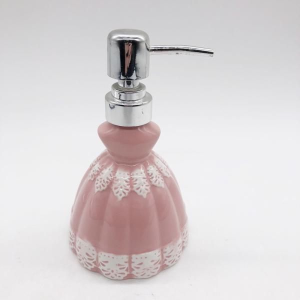 Pink Lace Dress Ceramic Bathroom Set / Soap Lotion Dispenser Set Dish Brush Holder