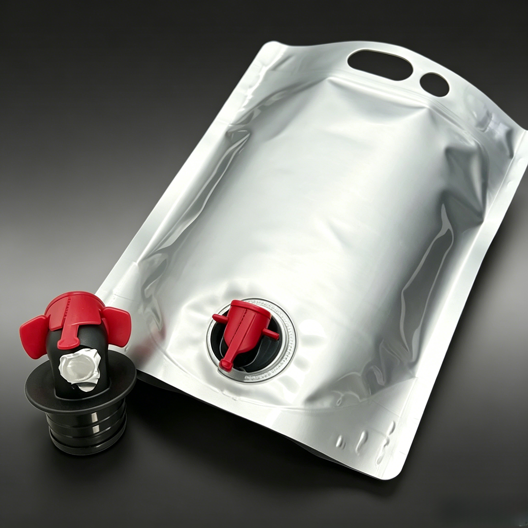 Blank Silver Aluminum Foil Stand Up Tap Spout Pouch With Double Carry Holes | Leak-Proof Re-Sealable Dispenser Bag For Wine, Juice & Cold Brew Coffee