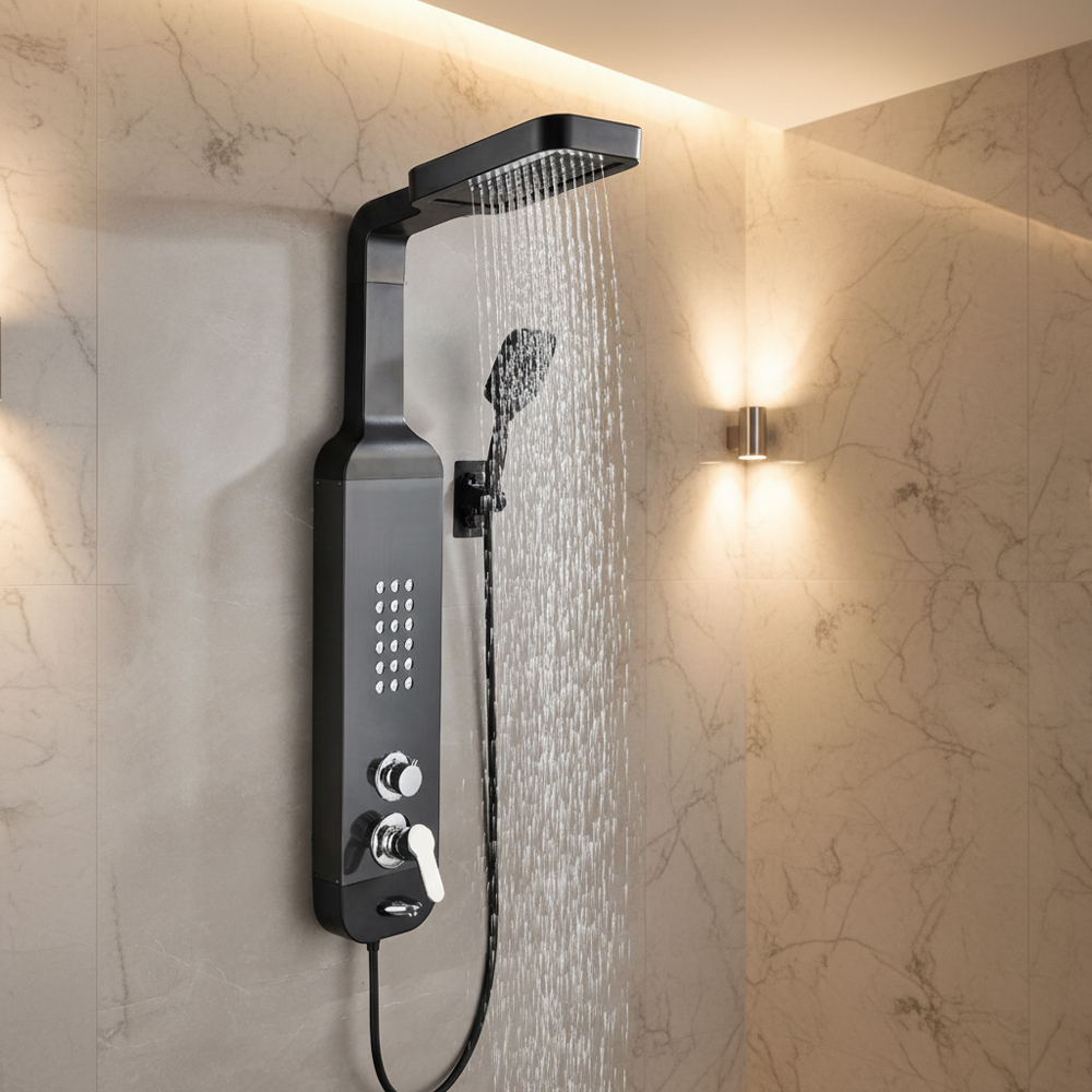 Modern Stainless Steel + ABS Luxury Bathroom Shower Panel 304 Rainfall Showerhead Handheld Spray Matte Black Surface with Backside massage function