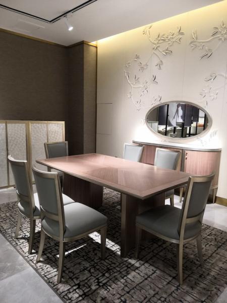 Luxury dining room furniture set Nice wood veneer painting long dining table with Leather upholstery chairs factory sale