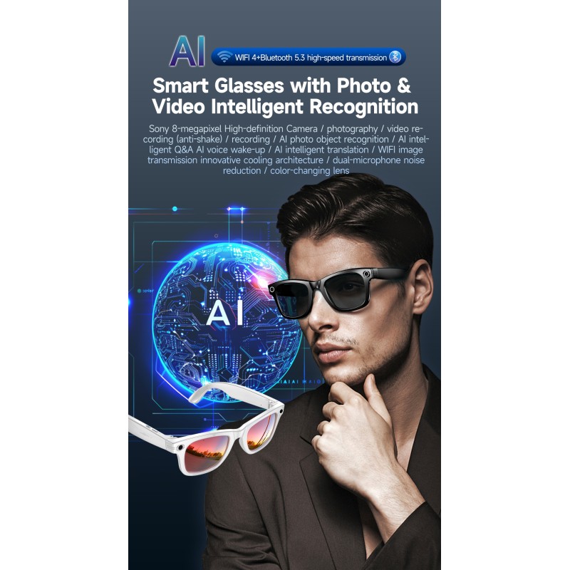 W610 IP54 Waterproof AI Translation Smart Glasses Voice App Control Music Player Blue-Light Photochromic Lenses Sun Protection