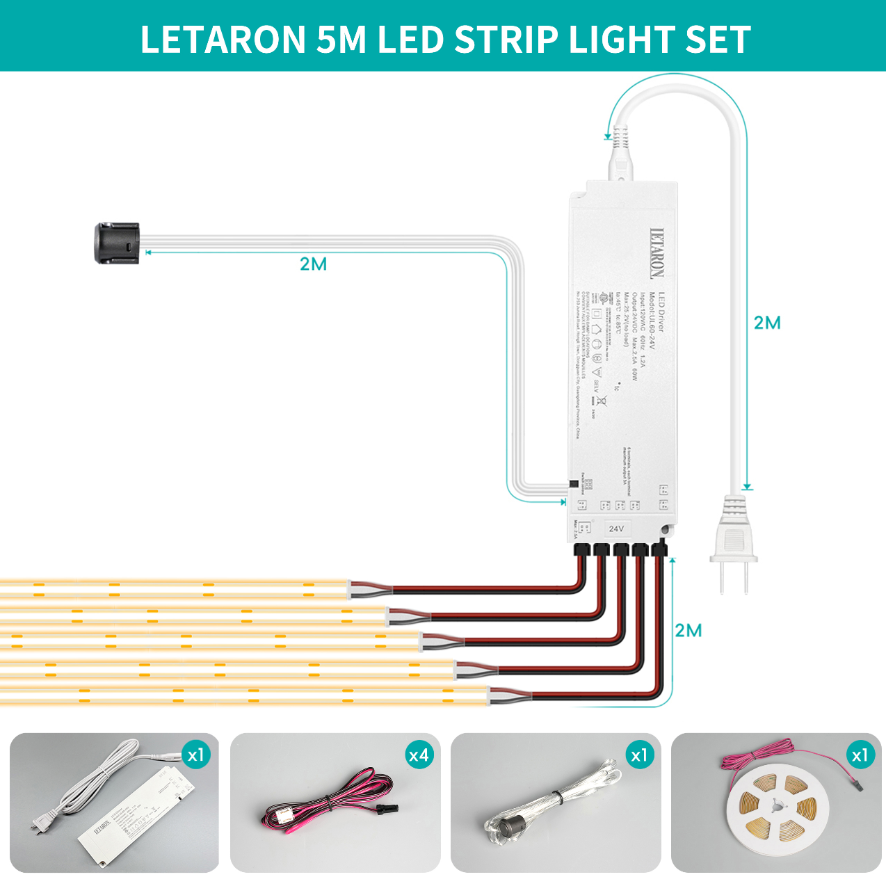 5M 24V 480 leds/M 60w Led Cabinet Strip Lights Ul Power Supply With Touch Switch