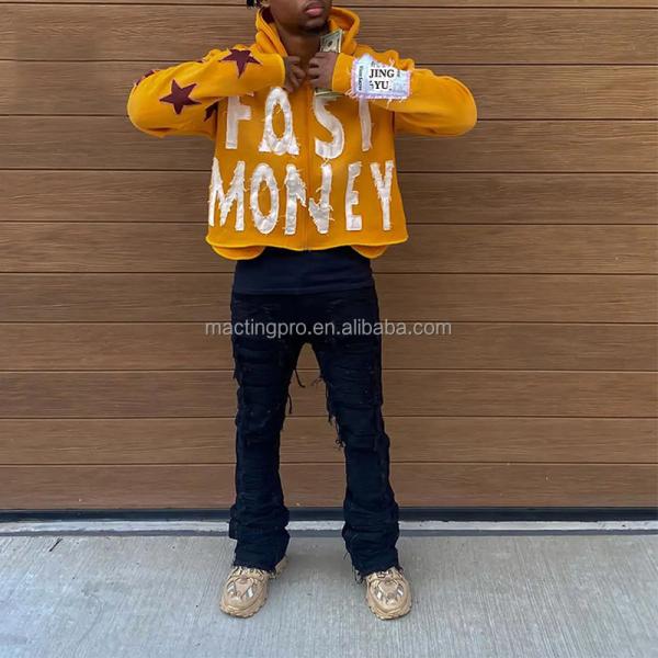 Brown Blue Black Distressed Hoodie Mens Autumn Season Embroidery Boxy Zip Up Hoodie