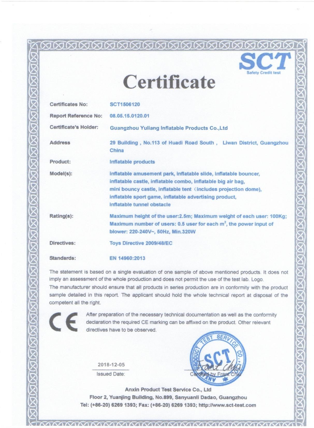 Guangzhou Perfect Inflatable Products Co., Ltd Сертификации