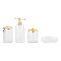 Accesorios de baño de vidrio franja vertical con costillas claras botella de loción de lujo con bomba de oro