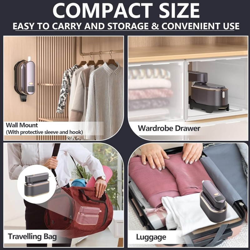 Electric Travel Garment Steamer Mini Portable Steam Iron 1200W Fast Heat-up Digital Display Compact Handheld Anti-Dry Burning