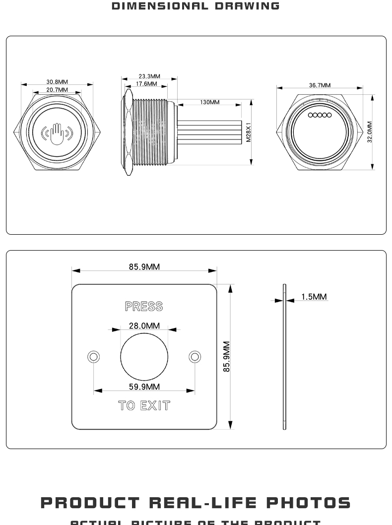 Infrared sensor exit button switch, 86-type outdoor waterproof stainless steel access control switch panel, touch-free