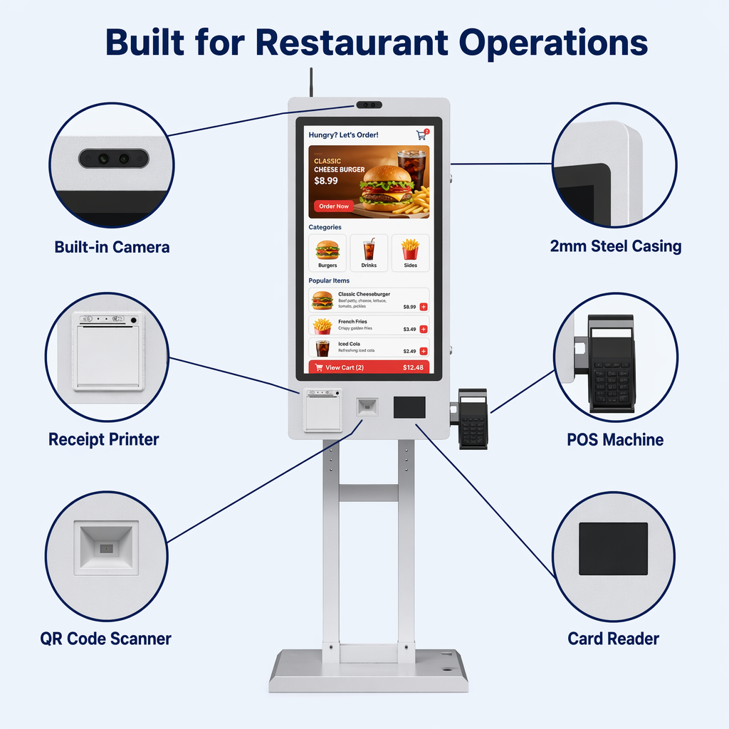 21.5 27 32 Inch Touch Screen  Wall Mount or Floor Standing Self Ordering Kiosk with QR Scanner Ticket Printer for Restaurants