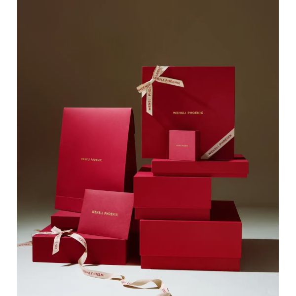Luxury Gift Bag Premium Red Gold Branded Packaging Satin Ribbon Handle Luxury Brand Presentation