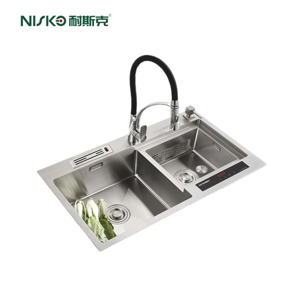 Fregadero de cocina táctil con doble cubeta, cestas, inteligente, empotrado