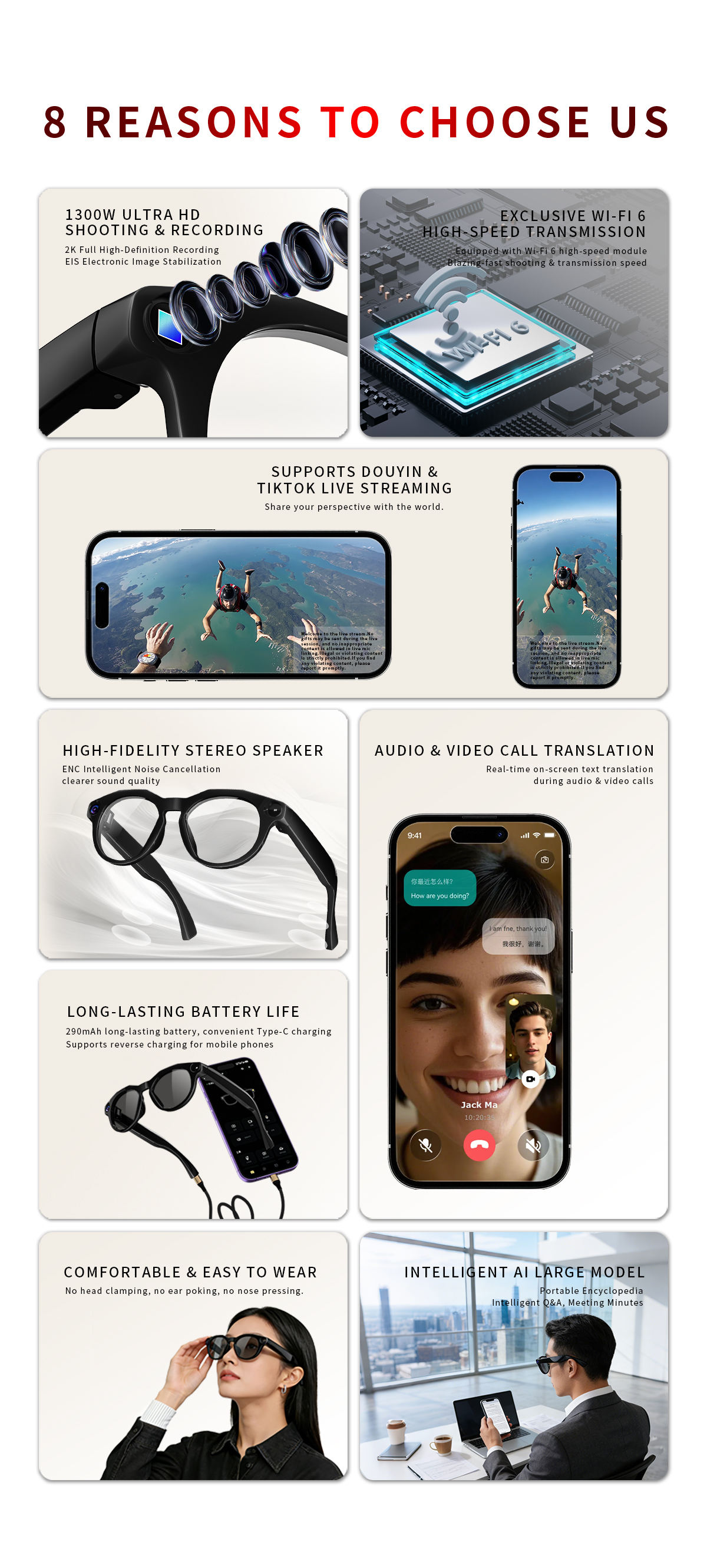 Real Time Smart AI Translation Glasses Take Picture Video Recording Audio Call