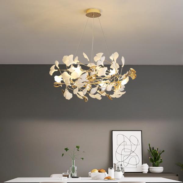 Luxury Living Room Dining Room Chandelier with E14 Bulb and Ceramic Ginkgo Leaf Design