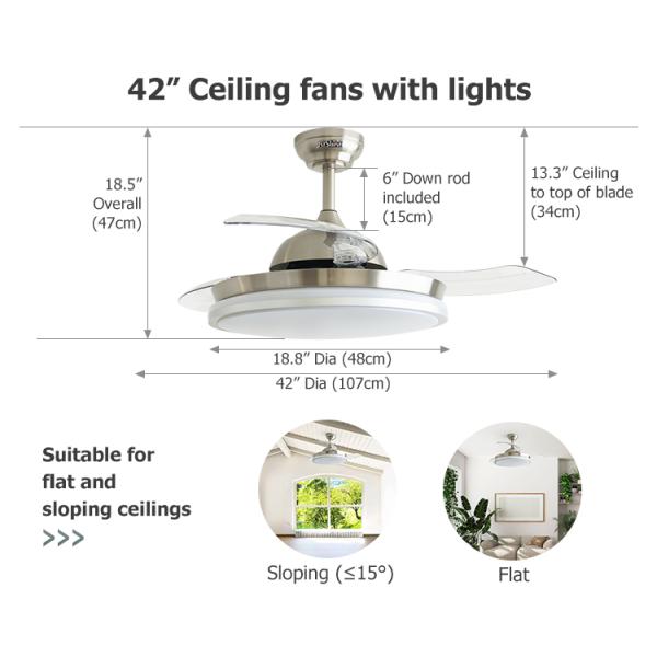 Ventilador de teto LED de níquel de cetim de 42 polegadas com lâminas dobráveis e fonte de luz retrátil