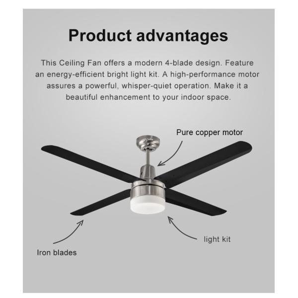 Vento forte 52 polegadas Moderno de cobre Motor 4 preto LED SS lâmina Ventilador de teto com luz