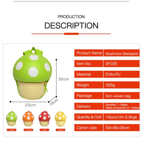 Wholesale Custom Kids School Backpacks Mushroom Design School Bag Children Book Bags