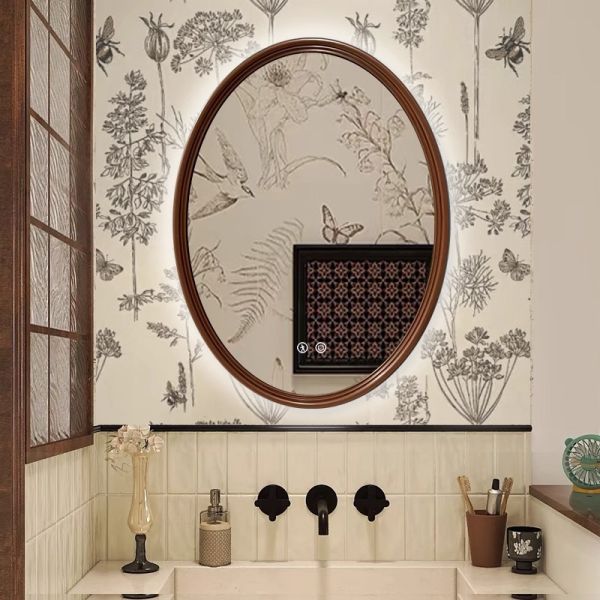 French Vintage Carved Frame Smart Bathroom Mirror Energy-Saving LED Light Oval Contour Anti-Fog Modern Salon Apartment Villa