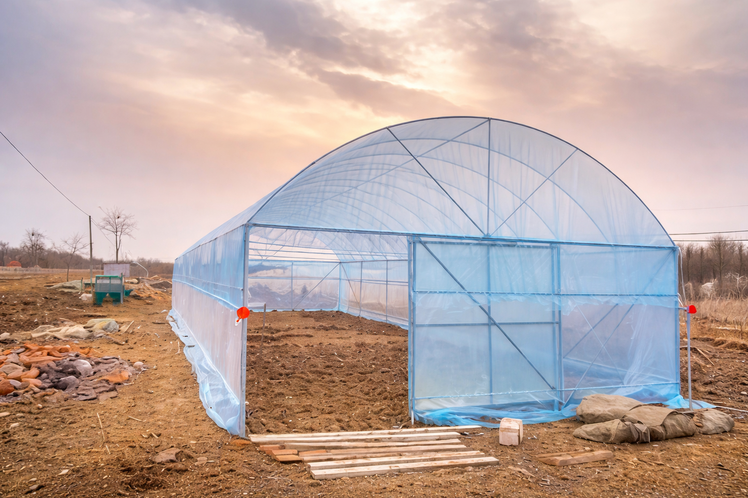 Single‑Span Round‑Arch Polyethylene Agricultural Tunnel Greenhouse, Specially Designed for Solar Light Utilization & Heat Preservation, Suitable for Protected Cultivation.