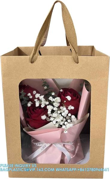 Kraft Shopping Bags With Handles For Present, Festivals Party Gift Bags With Transparent Window
