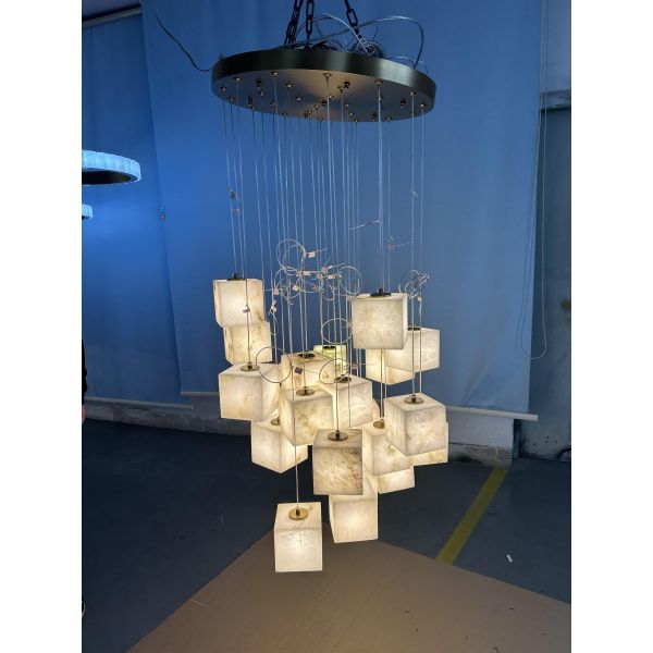 Customized Modern Luxury Square LED Brass Chandelier with Large Alabaster Pendant Adjustable Height for Living Room
