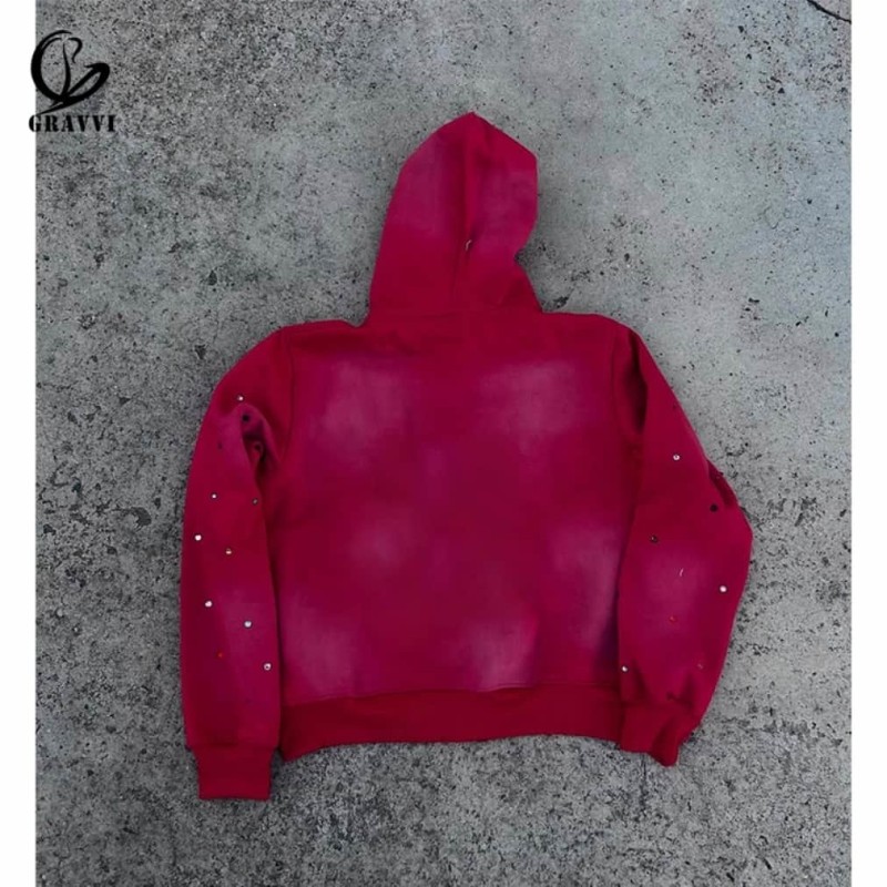 Red Rhinestone Zip Up Hoodie Oversized With Stud Detail For Men