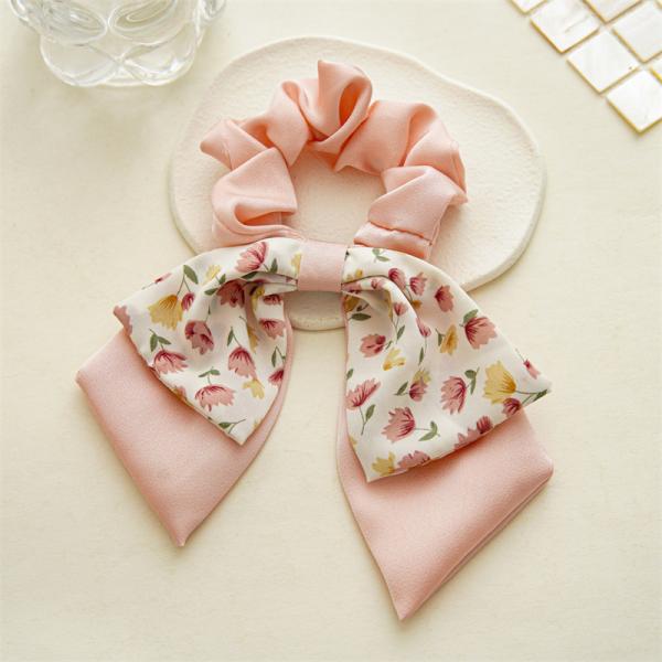 Floral double bow scrunchie girls lady rubber band high appearance horizontal tie hair rope streamer headstring