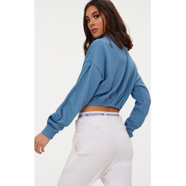 Zip front crop sweater long sleeves blue