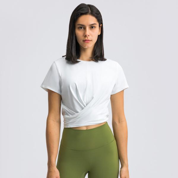 Cross Hem Lace Up Back Activewear T Shirts Breathable Short Sleeve T-Shirt For Women