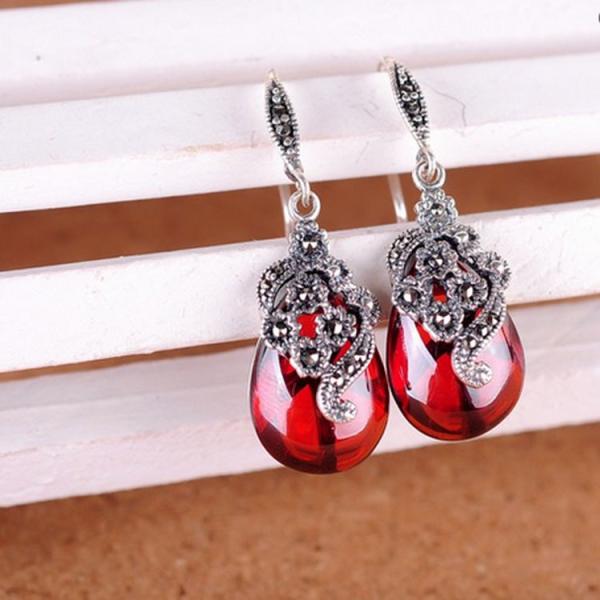 Retro Jewelry Thai 925 Silver with Marcasite Garnet Earrings(LR1036RED)