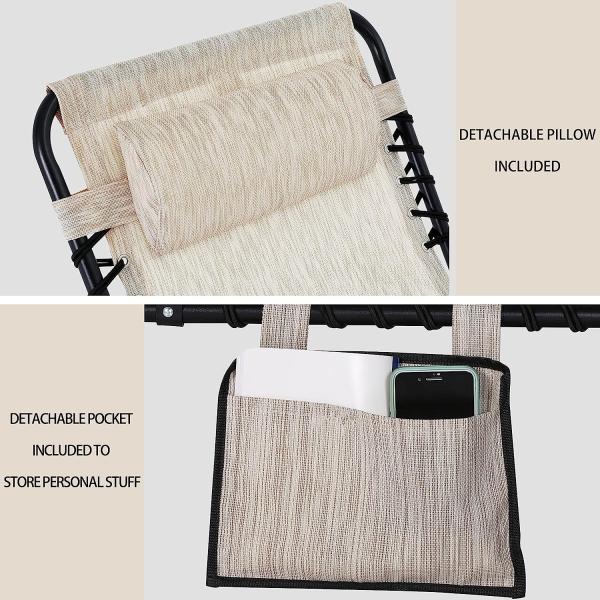 Patio Chaise Lounge Chair for Outdoor with Detachable Pocket and Pillow, Portable Sun Lounger Recliner for Beach