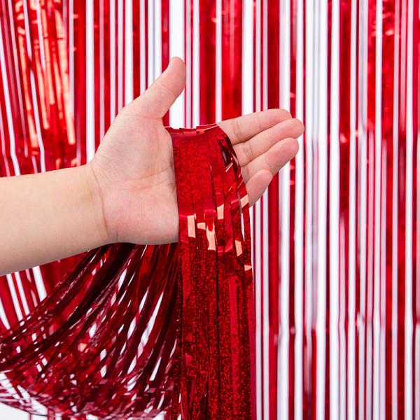 PET Red Metallic Fringe 3x6m 300cmx600cm Hanging Tinsel Curtain