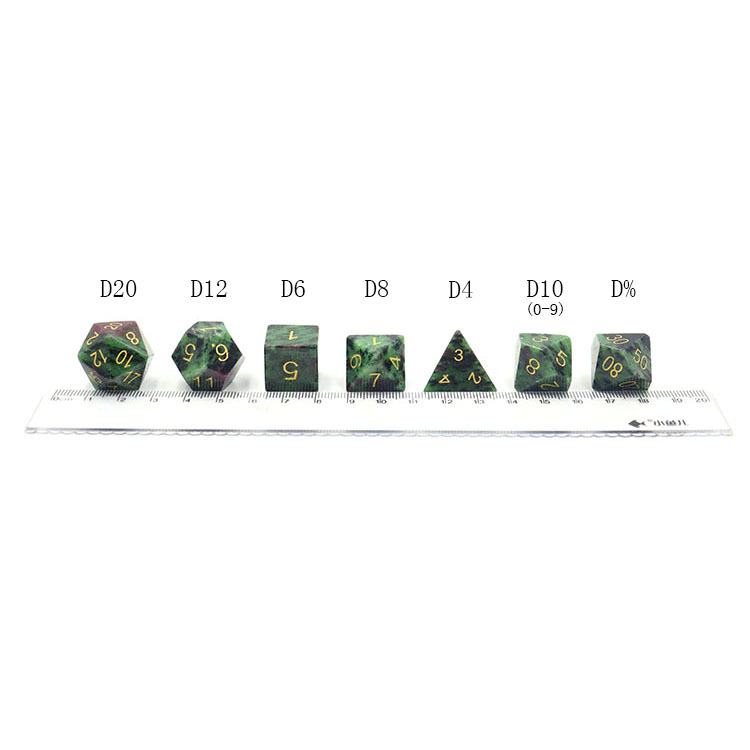 Natural Ruby Zoisite Gemstone Polyhedral Dice Set - Hand Carved DND Dice with Golden Paint Engraved Numbers