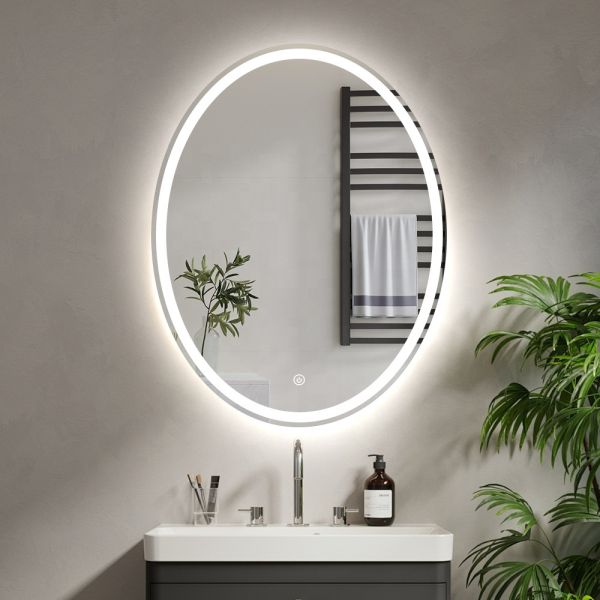 Front Lighted And Backlit Wall Mounted Round Silver Bathroom Mirror With Touch Screen