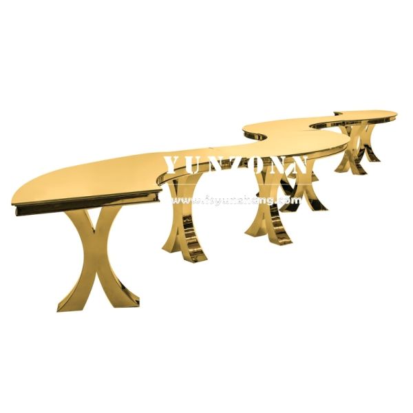Modern Gold Cross X Legs Serpentine S-Shape Glass and Metal Wedding Dining Banquet Table for Outdoor Hotels Events Parties