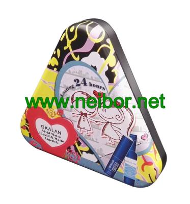 triangle shape gift tin box with plastic tray for lipstick packaging