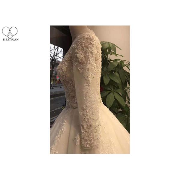 Custom White Ladies Bridal Gown With Sleeves Deep V Neck Buttons Back Style